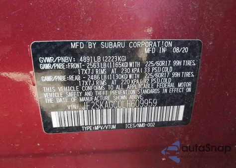 2020 Subaru Forester Premium from USA, damaged, VIN JF2SKAGC0LH609959